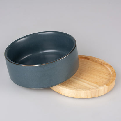 Duvo+ Feeding Bowl Stone Timber 450ml Blue | Rustic Ceramic Bowl for Dogs & Cats