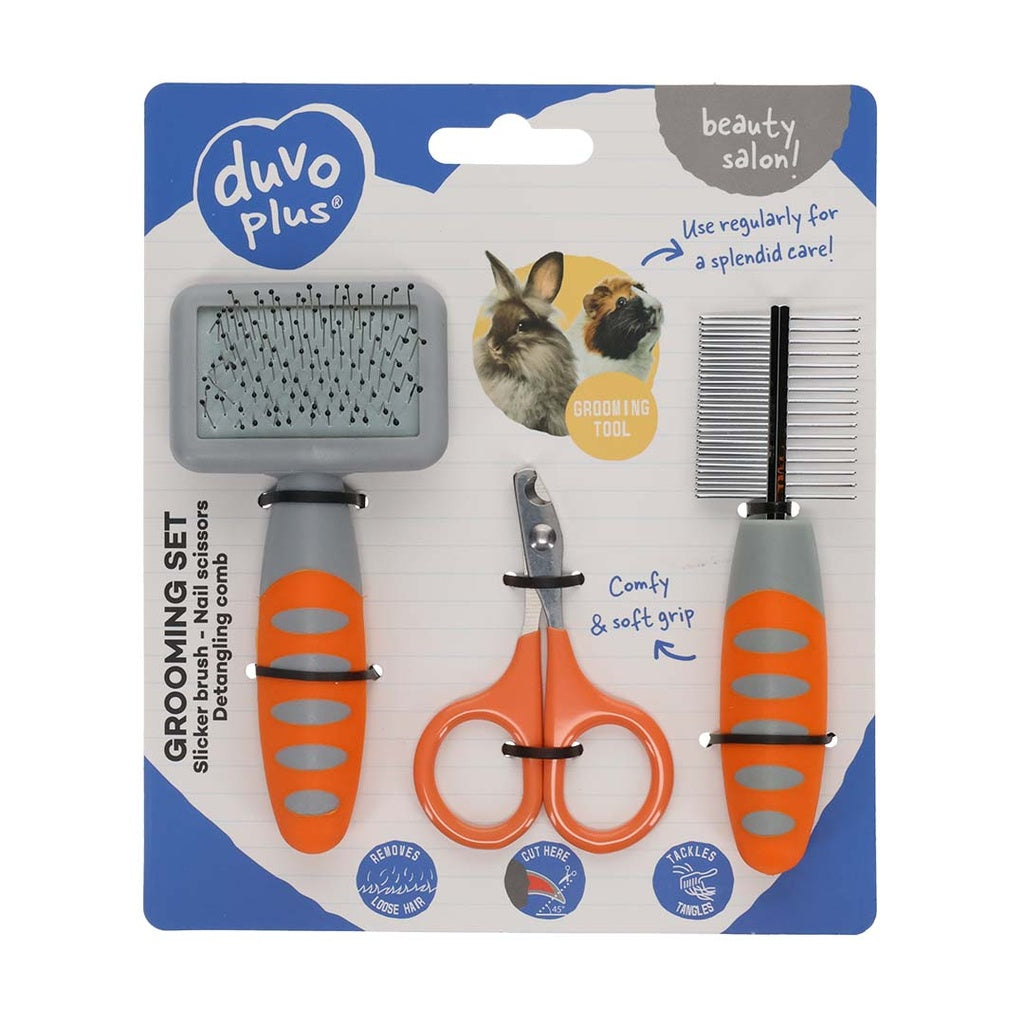 Duvo+ Grooming Set For Small Animal Orange/Grey | 3-Piece Brush, Comb & Scissors Kit