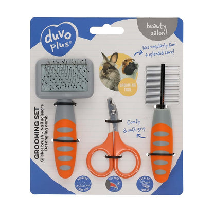 Duvo+ Grooming Set For Small Animal Orange/Grey | 3-Piece Brush, Comb & Scissors Kit