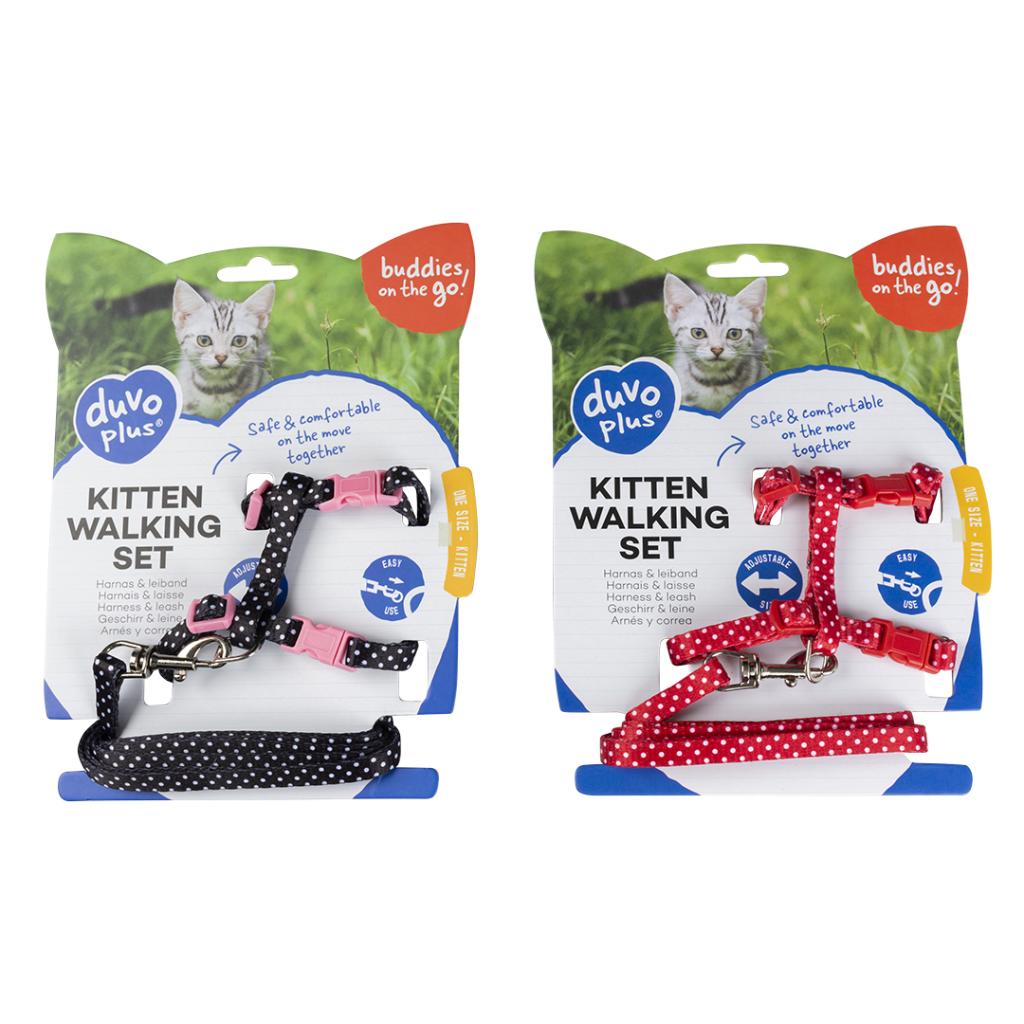 Duvo+ Kitten Walking Set White Dots | Adjustable Harness & Lead for Kittens 15-25cm