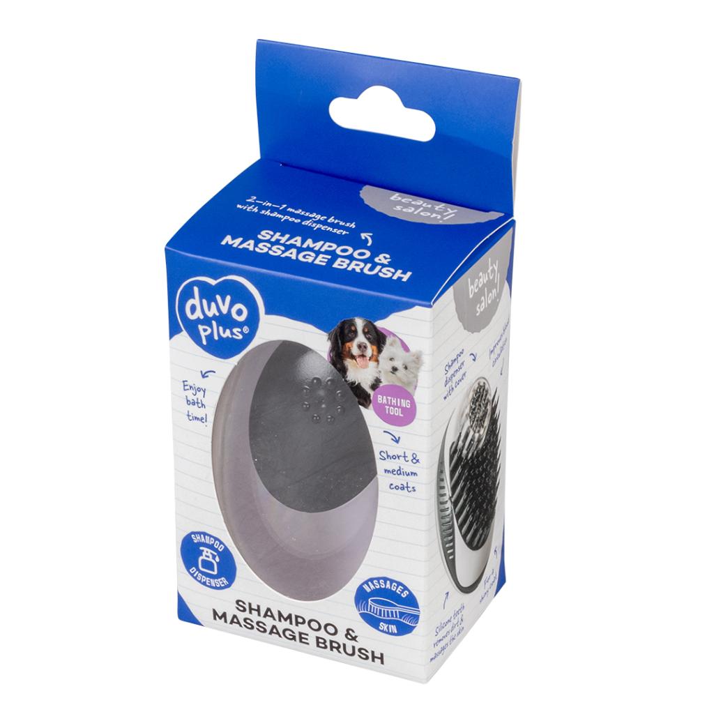 Duvo+ Shampoo And Massage Brush Black | Silicone Brush with Shampoo Container for Dogs