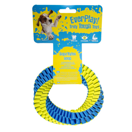 Duvo+ Supa' Nylon Hoop 13x13cm | Small Durable Dog Tug Toy Blue/Yellow