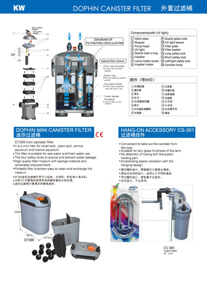 KW Zone DoPhin Canister Filter with UV FDCF1200 | 1200L/H External Aquarium Filter | UV Sterilizer for Freshwater & Marine Aquariums
