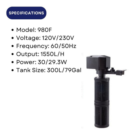 KW Zone DoPhin Internal Filter FDF980F | 1550L/H Aquarium Filter Pump | Powerful Mechanical & Biological Filtration System