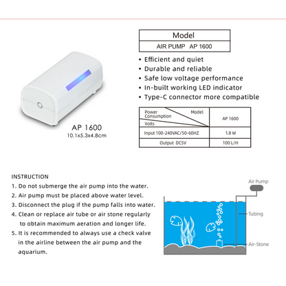 KW Zone AP1600 Silent Air Pump (Without Adapter) | Quiet Aquarium Air Pump | Oxygen Pump for Fish Tanks