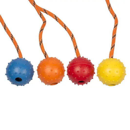 Duvo+ Rubber Dental Ball with Rope 33cm | Fetch & Tug Toy with Dental Bumps