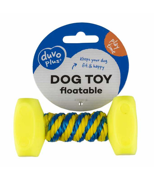 Duvo+ Dog Toy Dumbbell with Rope | Durable Fetch & Tug Toy 14x7cm Blue/Yellow