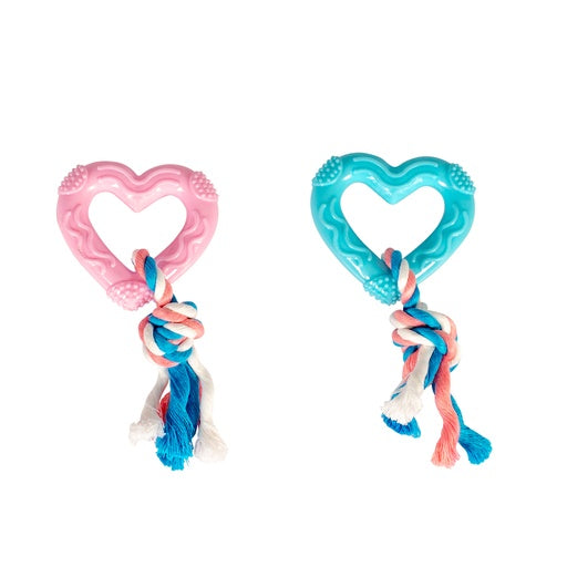 Duvo+ Puppy TPR Heart With Cotton Rope Mixed Color 14cm | Soft Teething Toy for Puppies