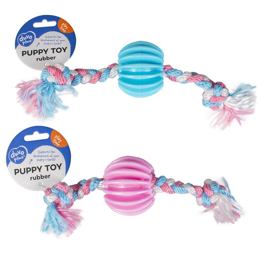 Duvo+ Puppy Toy TPR Treat Ball with Nylon Rope 30cm | Treat-Dispensing Chew Toy