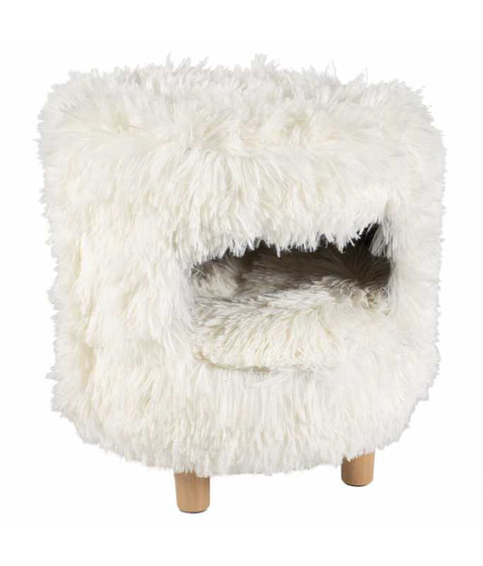 Duvo+ Cat House with Long Plush | Cozy White Cat Cave Bed