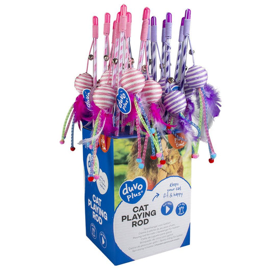 Duvo+ Playing Rod Catchy Rope Ball Mix | 16-Piece Cat Wand Toy with Rope Ball & Feathers