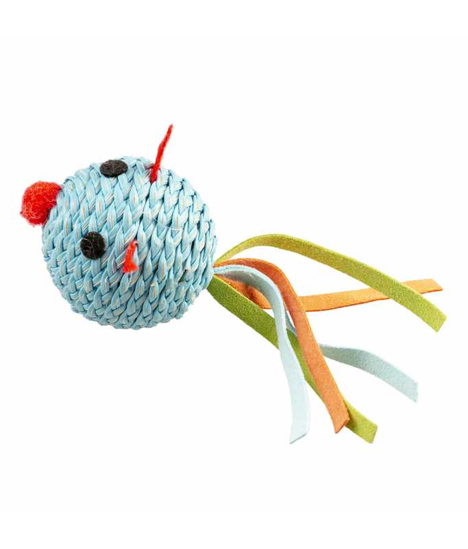 Duvo+ Jolly Blue Ball Mouse | Interactive Cat Toy with Leather Cords & Bell 13cm