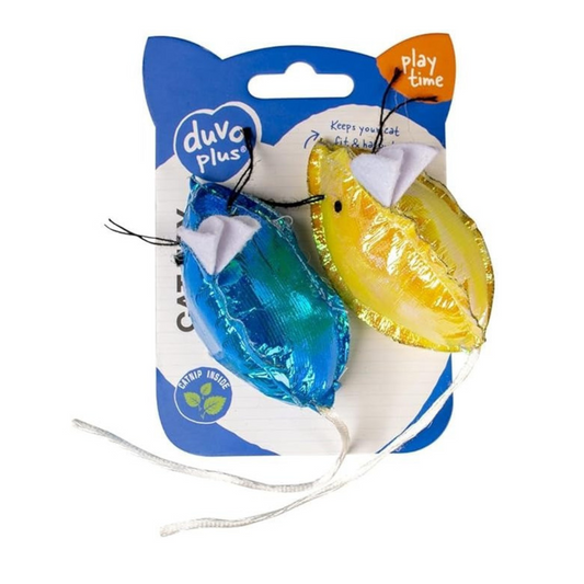 Duvo+ Blinky Mice Blue/Yellow 2pcs | Catnip Mice with Crackling Sound & Feathers