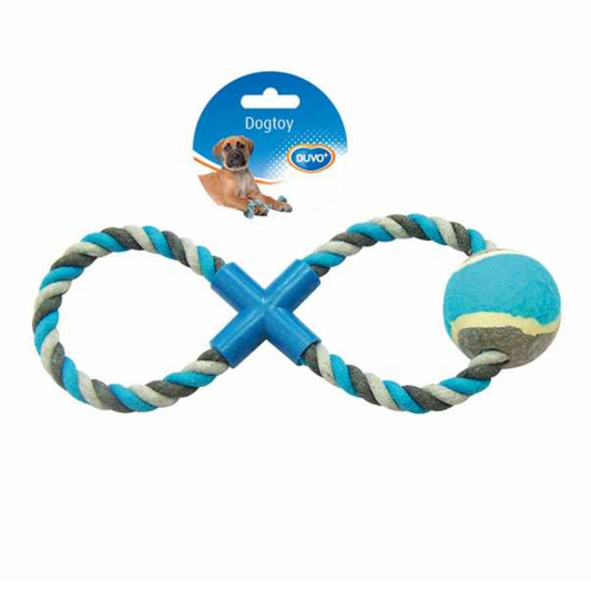 Duvo+ Knotted Cotton 8-Pull Ring with Tennis Ball 28cm Grey/Blue | Interactive Tug Toy