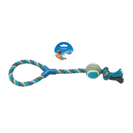 Duvo+ Tug Toy Knotted Cotton Loop with Tennis Ball 48cm Grey/Blue | Fetch & Tug Toy