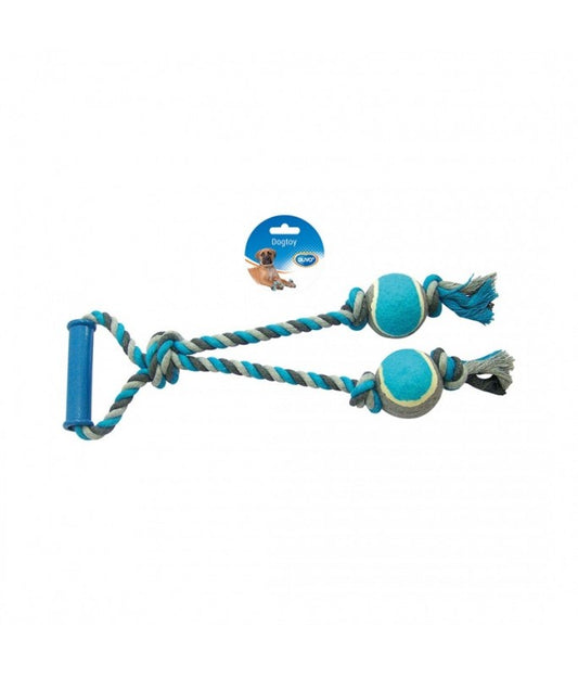 Duvo+ Tug Toy Knotted Cotton Loop with 2 Tennis Balls 43cm Grey/Blue | Interactive Dog Toy