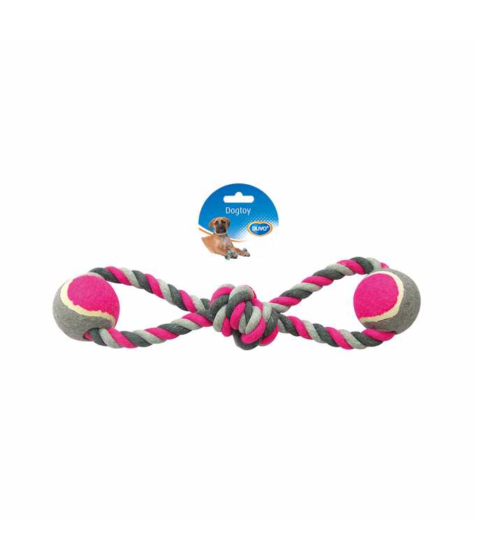 Duvo+ Knotted Cotton 8-Pull Ring with 2 Tennis Balls 38cm Grey/Pink | Interactive Tug Toy