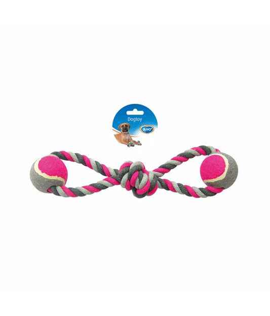 Duvo+ Knotted Cotton 8-Pull Ring with 2 Tennis Balls 38cm Grey/Pink | Interactive Tug Toy