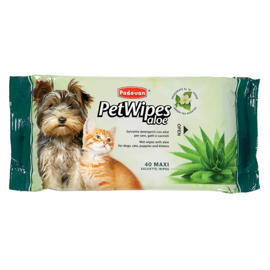 Padovan Pet Wipes Aloe 40pcs | Soothing Aloe & Green Tea Wipes for Dogs & Cats