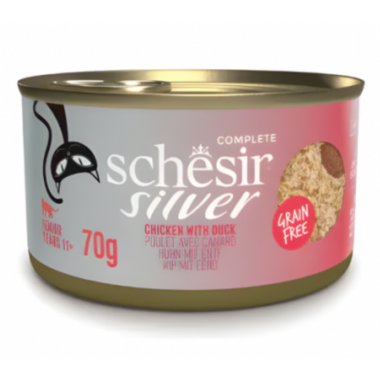 Schesir Silver Mousse & Fillets Senior Cat Chicken with Duck | Complete | Grain Free | Senior Cats | 12x70g