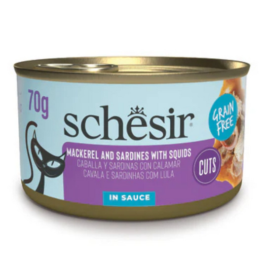 Schesir Grill Wholefood Mackerel and Sardines with Squid | Real Fish Cuts in Sauce | Grain Free | Complementary Cat Food | 12x70g