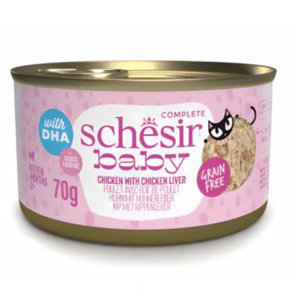 Schesir Baby Kitten Wholefood Chicken with Chicken Liver | With DHA | Complete | Grain Free | Kittens | 12x70g
