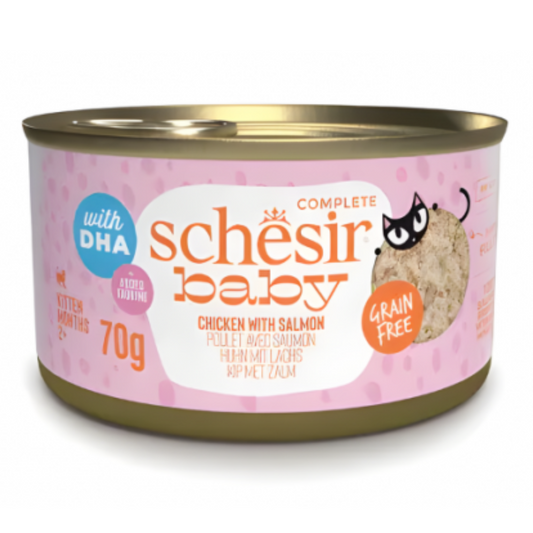 Schesir Baby Kitten Wholefood Chicken with Salmon | With DHA | Complete | Grain Free | Kittens | 12x70g
