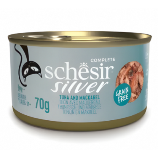 Schesir Silver Senior Cat Wholefood Tuna and Mackerel | Complete | Grain Free | Senior Cats | 12x70g