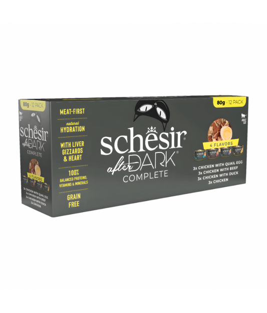 Schesir After Dark Wholefood in Broth Variety Pack | 4 Flavors | Chicken, Chicken with Quail Egg, Beef & Duck | With Liver, Gizzards & Heart | 12x80g (960g)