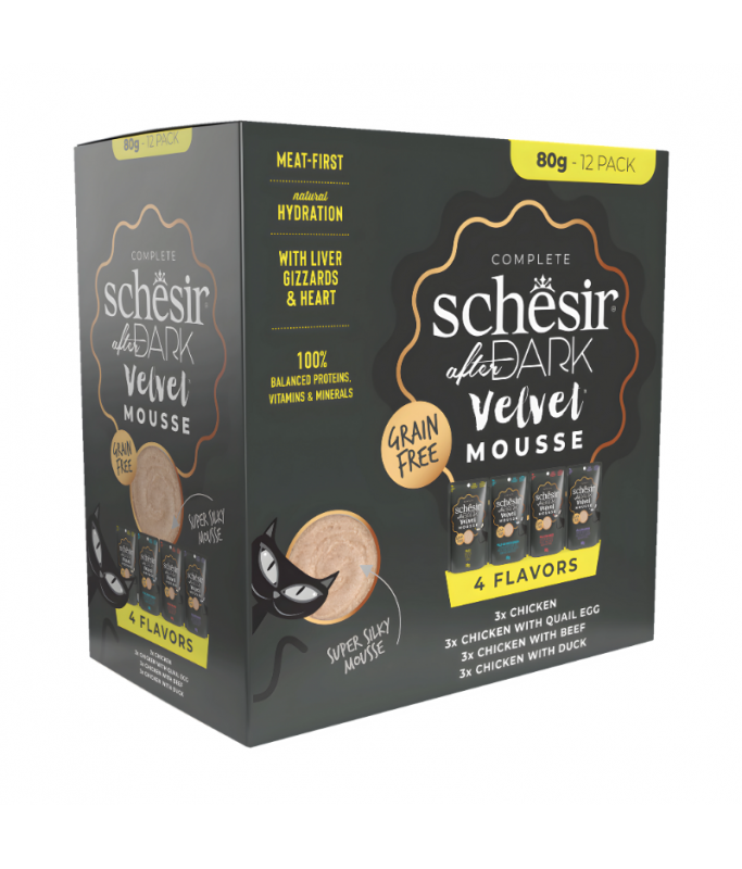 Schesir After Dark Velvet Mousse Variety Pack | 4 Flavors | Chicken, Chicken with Quail Egg, Beef & Duck | With Liver, Gizzards & Heart | 12x80g (960g)