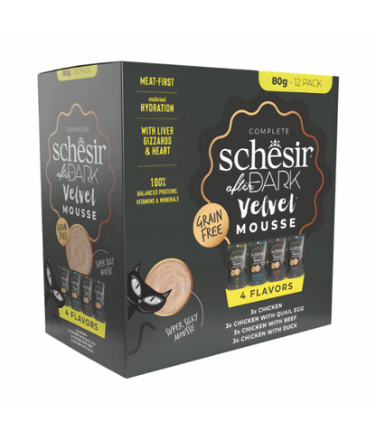 Schesir After Dark Velvet Mousse Variety Pack | 4 Flavors | Chicken, Chicken with Quail Egg, Beef & Duck | With Liver, Gizzards & Heart | 12x80g (960g)