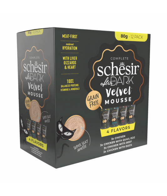 Schesir After Dark Velvet Mousse Variety Pack | 4 Flavors | Chicken, Chicken with Quail Egg, Beef & Duck | With Liver, Gizzards & Heart | 12x80g (960g)