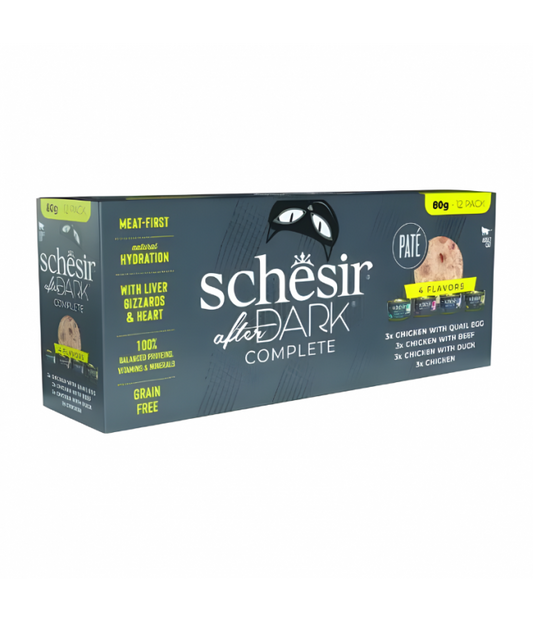 Schesir After Dark Pâté Variety Pack | 4 Flavors | Chicken, Chicken with Quail Egg, Beef & Duck | With Liver, Gizzards & Heart | 12 cans x80g (960g)