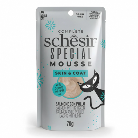 Schesir Special Mousse Skin & Coat Salmon with Chicken | With Coconut & Tuna Oil | Complete | Grain Free | Adult Cat | 12x70g