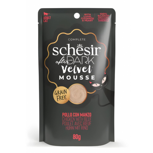 Schesir After Dark Velvet Mousse Chicken with Beef | With Liver, Gizzards & Heart | Complete | Grain Free | Adult Cat | 12x80g