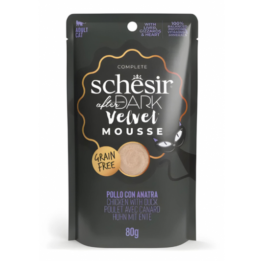 Schesir After Dark Velvet Mousse Chicken with Duck | With Liver, Gizzards & Heart | Complete | Grain Free | Adult Cat | 12x80g
