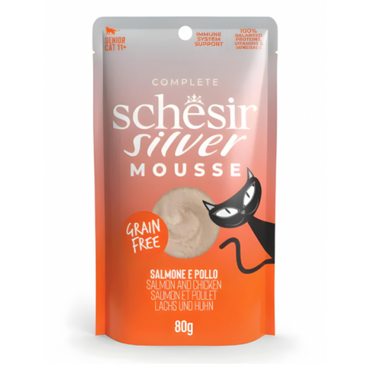 Schesir Silver Mousse Senior Cat Salmon and Chicken 80g | Complete | Grain Free | 100% Balanced | 12x80g