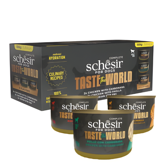 Schesir Taste The World Variety Pack | 3 Flavors | Complete Dog Food | Chicken Carbonara, Asian Stir Fry & Paella | 6x150g