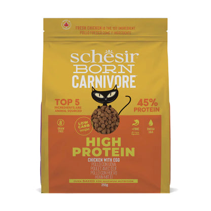 Schesir Born Carnivore Chicken & Egg Cat Food | 45% Protein | Fresh Chicken 1st Ingredient | Oven Baked | Grain Free | 255g