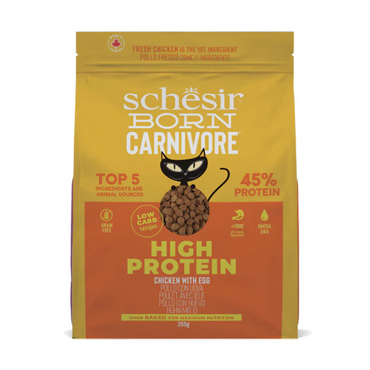Schesir Born Carnivore Chicken & Egg Cat Food | 45% Protein | Fresh Chicken 1st Ingredient | Oven Baked | Grain Free | 255g