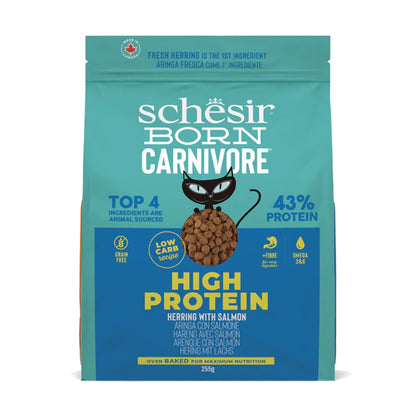 Schesir Born Carnivore Herring & Salmon Cat Food | 43% Protein | Fresh Herring 1st Ingredient | Oven Baked | Grain Free | 255g