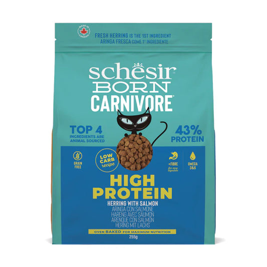 Schesir Born Carnivore Herring & Salmon Cat Food | 43% Protein | Fresh Herring 1st Ingredient | Oven Baked | Grain Free | 255g