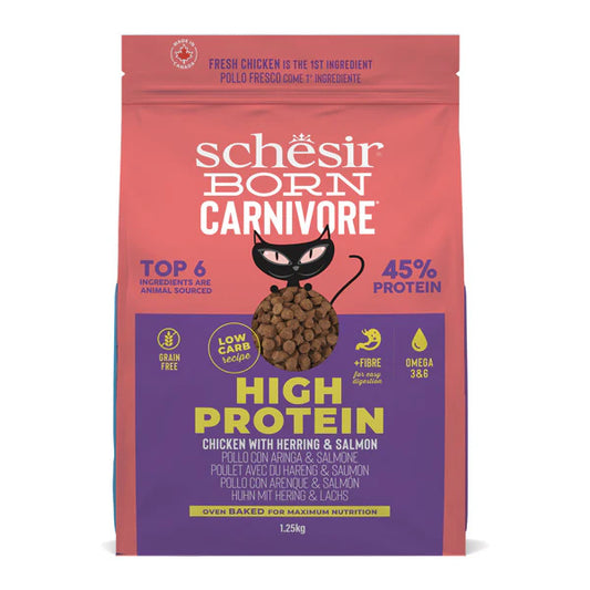 Schesir Born Carnivore Cat Food Chicken with Herring & Salmon | 45% Protein | Oven Baked | Grain Free | 1.25kg