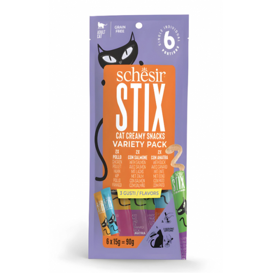 Schesir Stix Treat Variety Pack | Chicken, Duck & Salmon | Creamy Cat Snacks | Grain Free | 6x15g