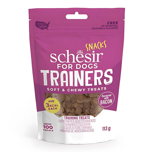 Schesir Trainers Soft & Chewy Dog Treats Bacon | Only 3kcal Each | 100 Treats | Made in USA | 113g