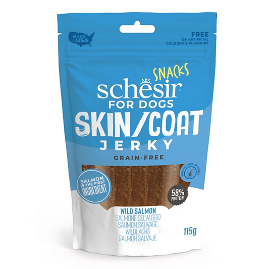 Schesir Grain-Free Skin & Coat Jerky for Dogs Salmon | 58% Protein | Wild Salmon First Ingredient | Made in USA | 115g