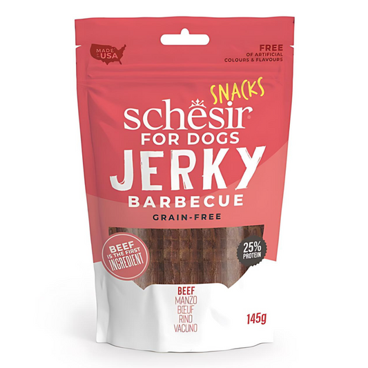 Schesir Grain-Free BBQ Beef Jerky for Dogs | Beef First Ingredient | 25% Protein | Made in USA | 145g