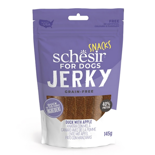 Schesir Grain-Free Duck with Apple Jerky for Dogs | Duck First Ingredient | 40% Protein | Made in USA | 145g