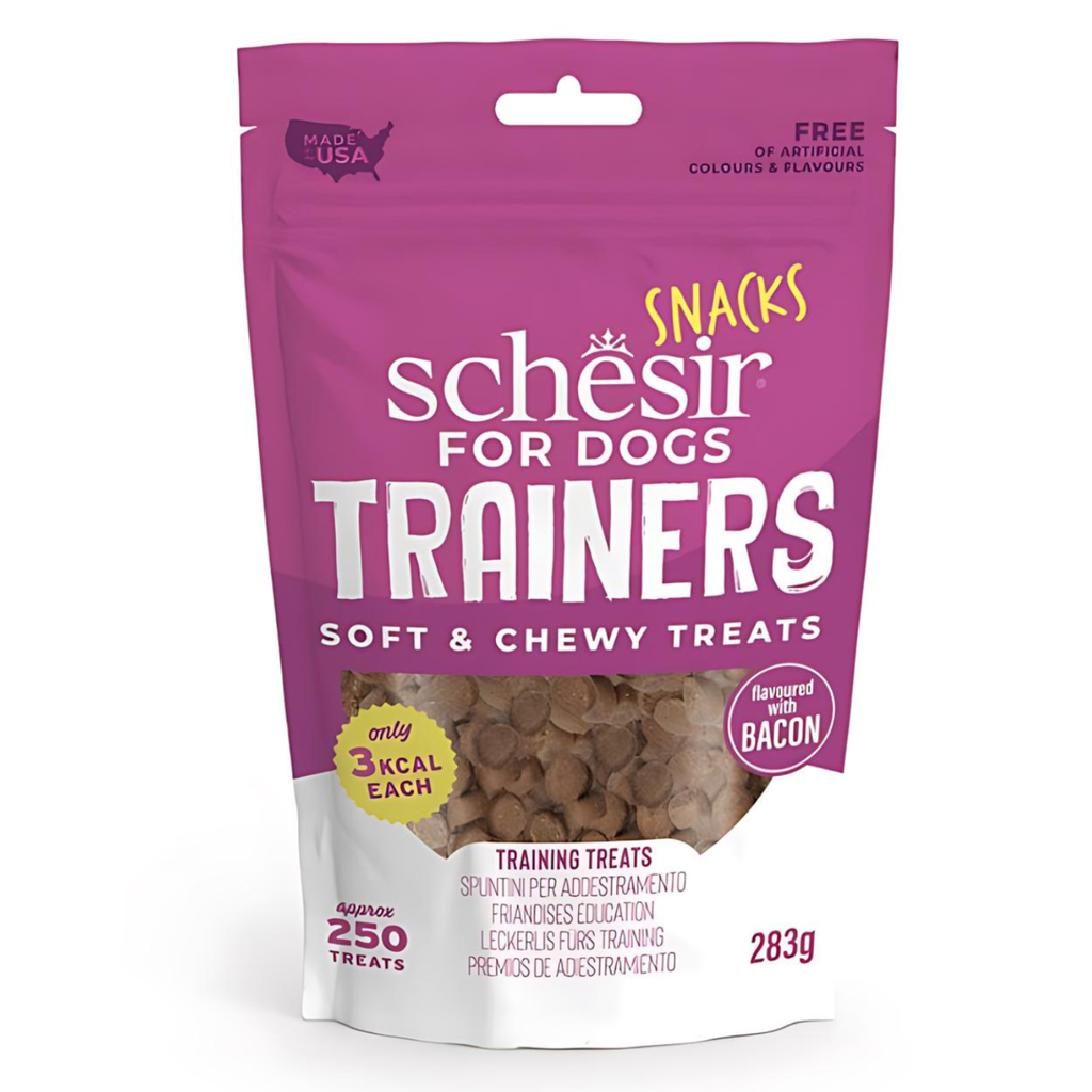 Schesir Trainers Soft & Chewy Dog Treats Bacon | Only 3kcal Each | 250 Treats | Made in USA | 283g
