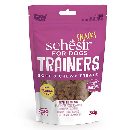 Schesir Trainers Soft & Chewy Dog Treats Bacon | Only 3kcal Each | 250 Treats | Made in USA | 283g